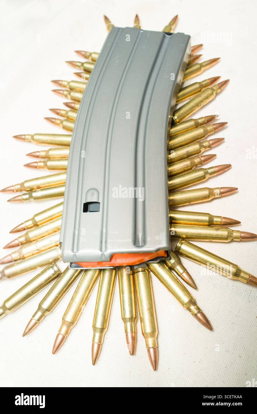 Aluminium-Magazin für das AR-15/M-16 Gewehr mit.223 Kaliber Patronen, USA Stockfoto