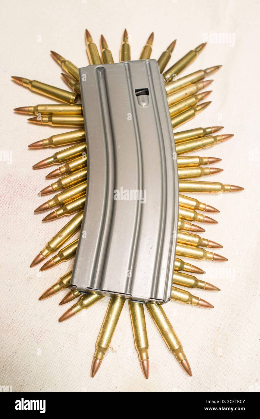 Aluminium-Magazin für das AR-15/M-16 Gewehr mit.223 Kaliber Patronen, USA Stockfoto