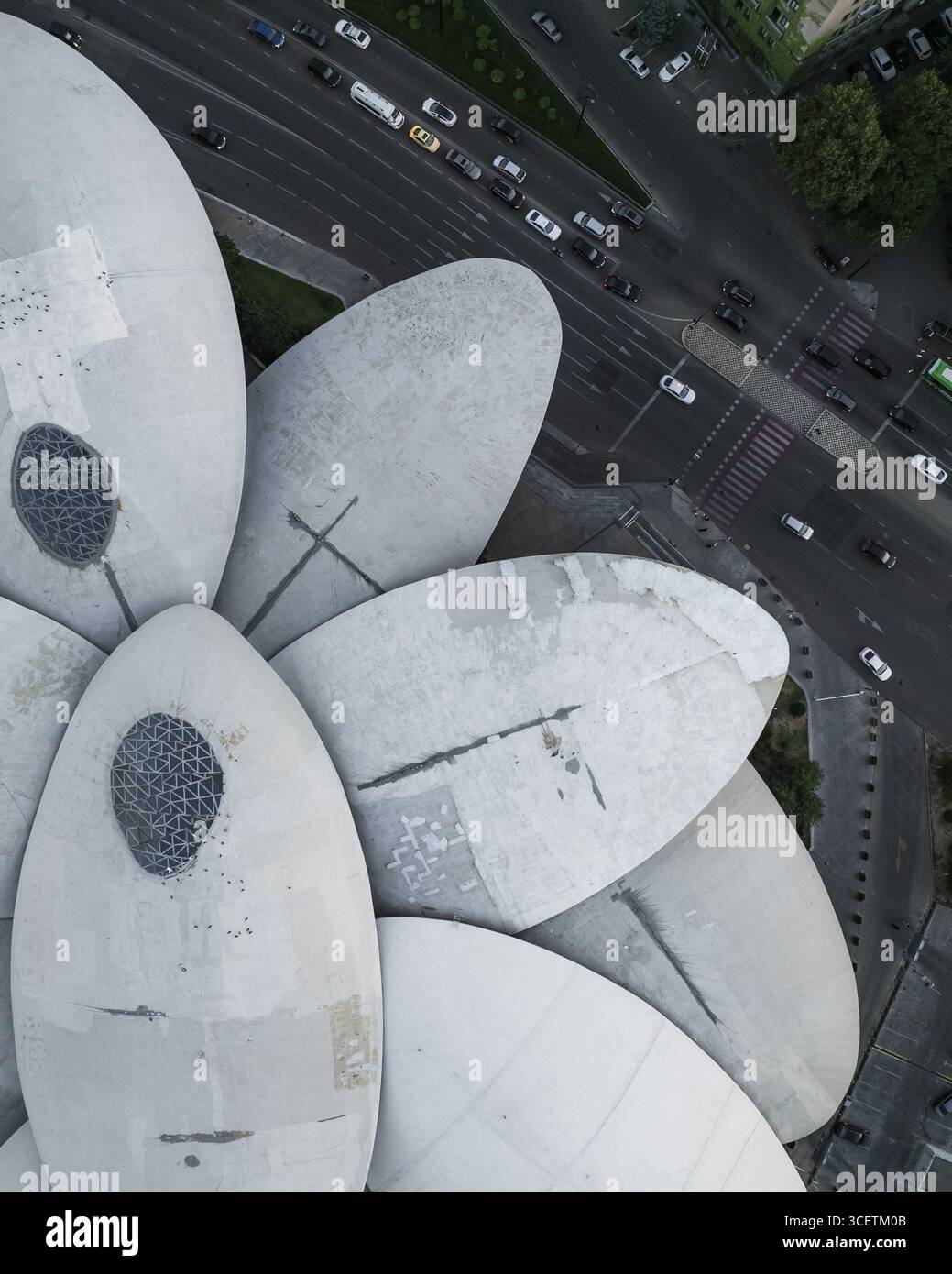 Aus der Vogelperspektive sehen Sie die charakteristischen pilzartigen Strukturen im Kontrast zu den belebten Straßen der Stadt, die Georgiens einzigartige Mischung aus Architektur und urbanem Leben widerspiegeln, Tiflis, Georgien. Stockfoto