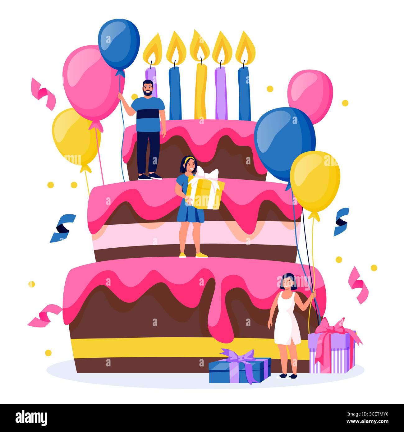 Winzige Leute, die auf einer großen Geburtstagskuche stehen. Vektorillustration von Mann und Frau mit Geschenkboxen und Luftballons. Konzept für Partyplakat, Urlaub ca. Stock Vektor