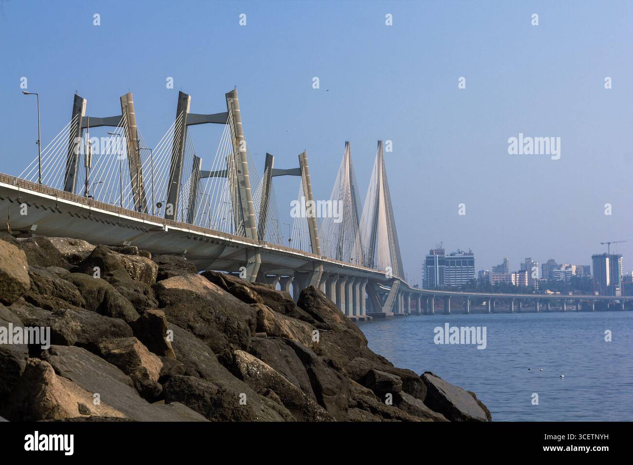 Ein Weitwinkelblick auf die berühmte Bandra-Worli Sea Link Brücke in Mumbai, Indien, die sich elegant über das Arabische Meer erstreckt. Stockfoto