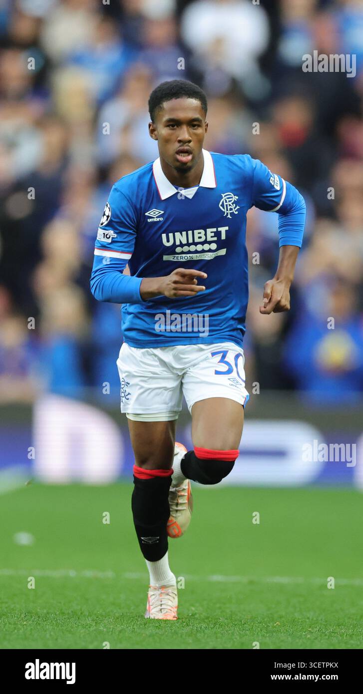 Rangers Jayden Meghoma während der UEFA Champions League, Play-off, Spiel im Ibrox Stadium, Glasgow. Bilddatum: Dienstag, 19. August 2025. Stockfoto