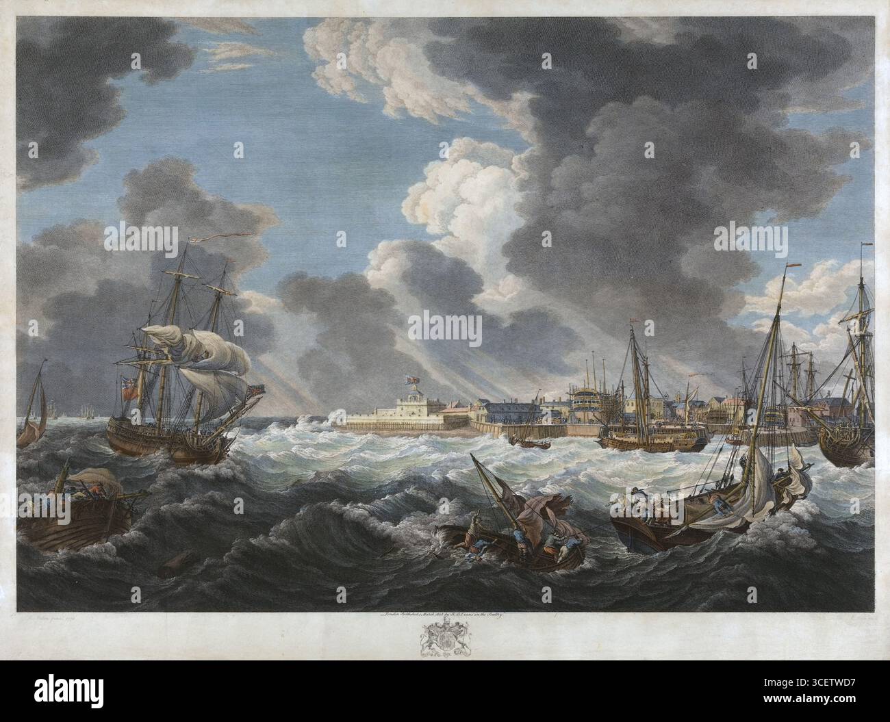 Gedruckter Farbstich der allgemeinen Ansicht des Dock Yard Sheerness 1833 historische Perspektive des 19. Jahrhunderts mit Aquarellstich alter alter alter alter alter, von William Watts herausgegebener Druck Stockfoto