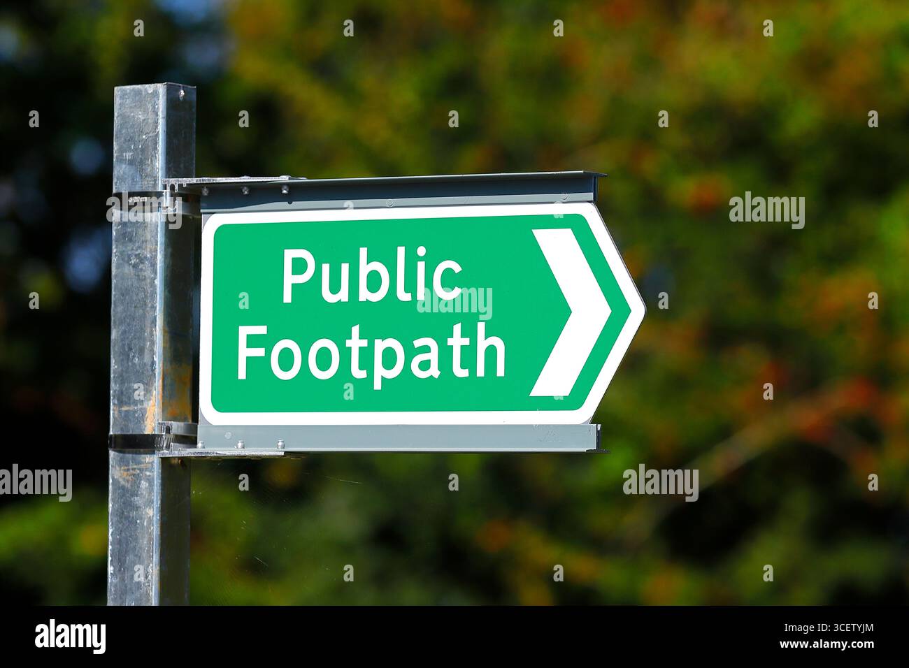 Ein Schild für öffentliche Fußwege in der Nähe des Druids Temple in North Yorkshire, Großbritannien Stockfoto