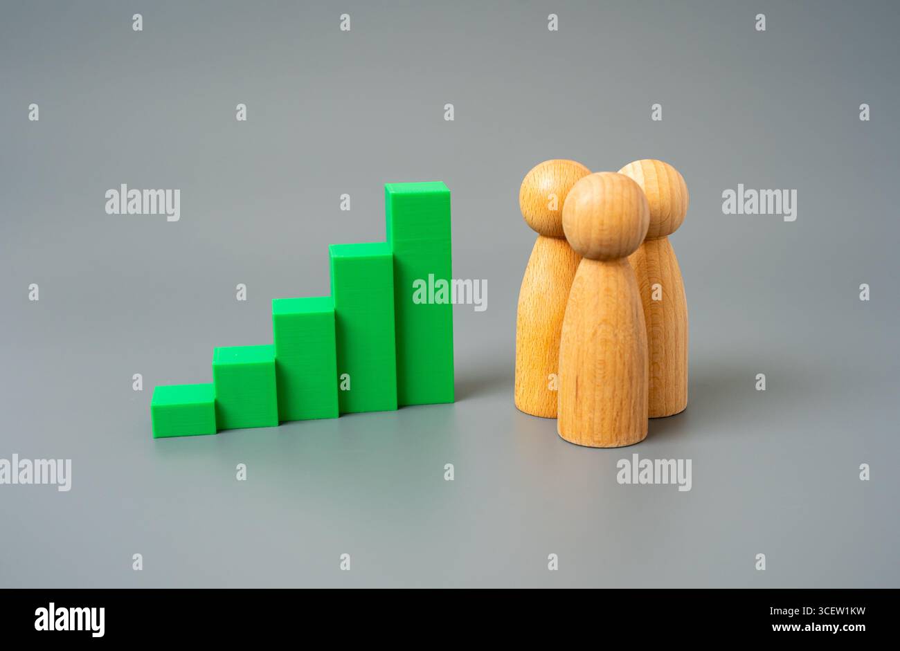 Diagramm und Mitarbeiter mit wachsendem Maßstab. Bevölkerungswachstum, Wohlstand. Einwanderung. Wirtschaftliche Chancen. Urbanisierung. Soziale Entwicklung. Migrationsabläufe. Im Stockfoto