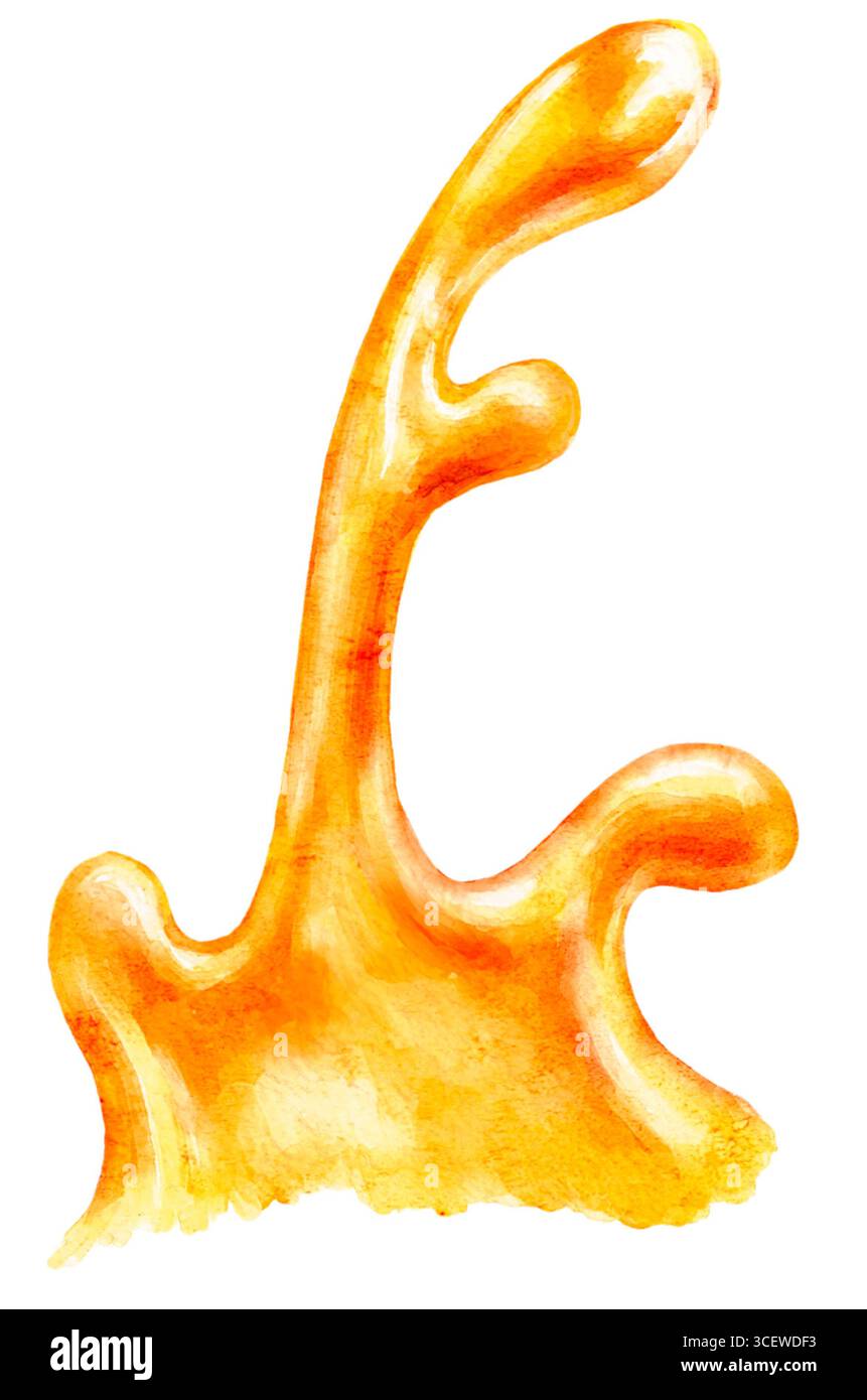 Aquarell Orangensaftspritzer isoliert auf weißem Hintergrund. Lebendiges flüssiges Element in frischem, fruchtigem Stil, perfekt für Barmenüs, Sommergetränke und Packa Stockfoto