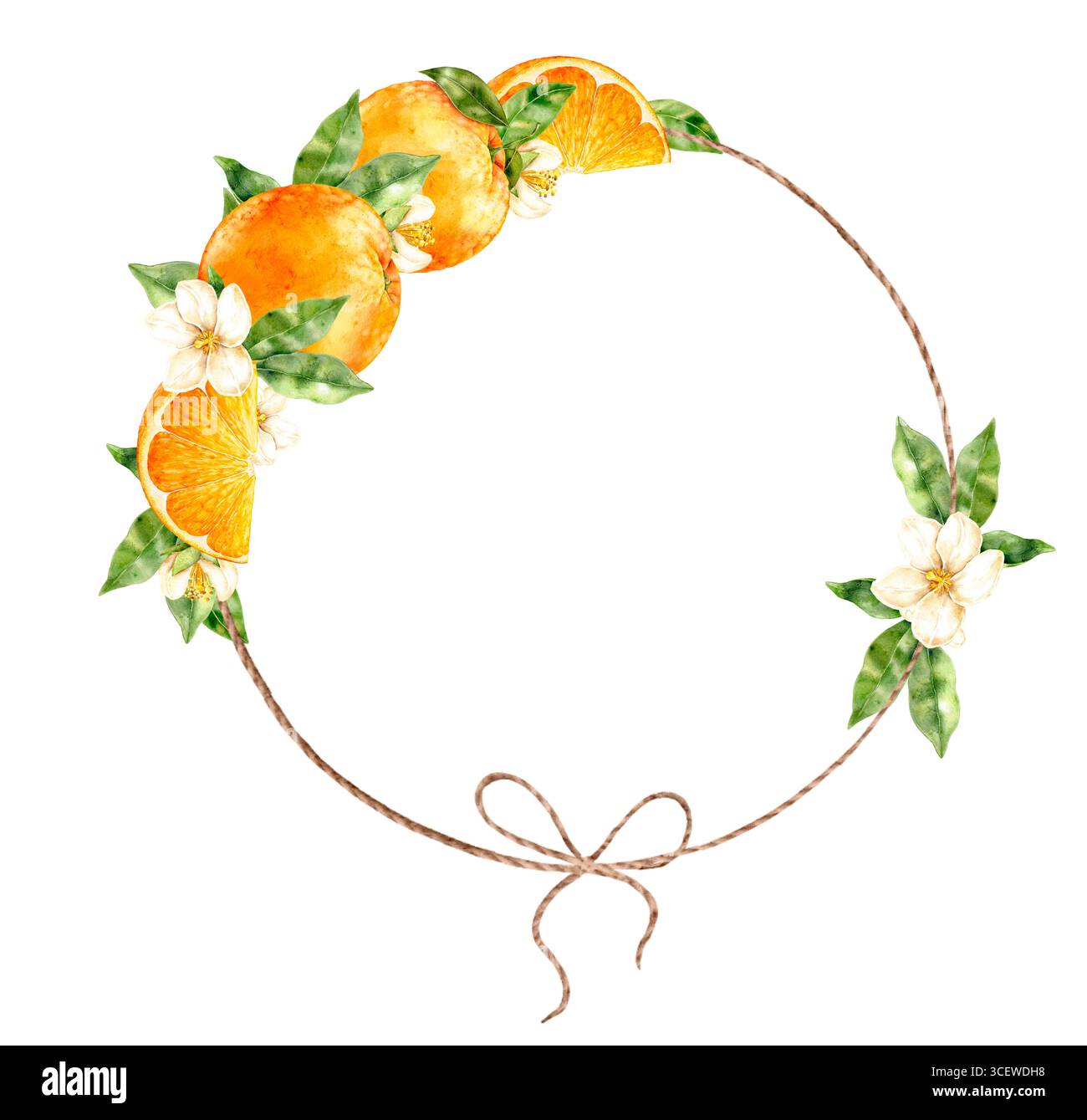Aquarellkranz mit grünen Blättern, zarten Blüten und Schleife auf weißem Hintergrund. Dekorativer Kreis im natürlichen Boho-Stil, perfekt zum Hochziehen Stockfoto