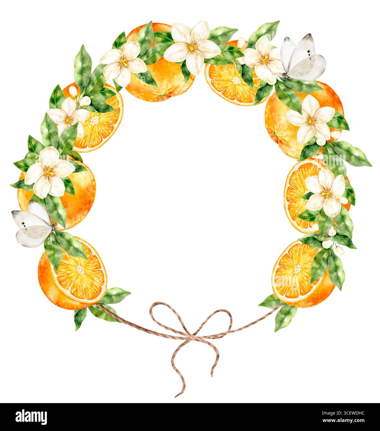 Aquarellkranz mit grünen Blättern, zarten Blüten und Schleife auf weißem Hintergrund. Dekorativer Kreis im natürlichen Boho-Stil, perfekt zum Hochziehen Stockfoto