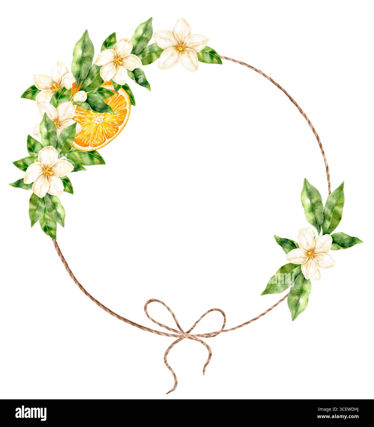 Aquarellkranz mit grünen Blättern, zarten Blüten und Schleife auf weißem Hintergrund. Dekorativer Kreis im natürlichen Boho-Stil, perfekt zum Hochziehen Stockfoto