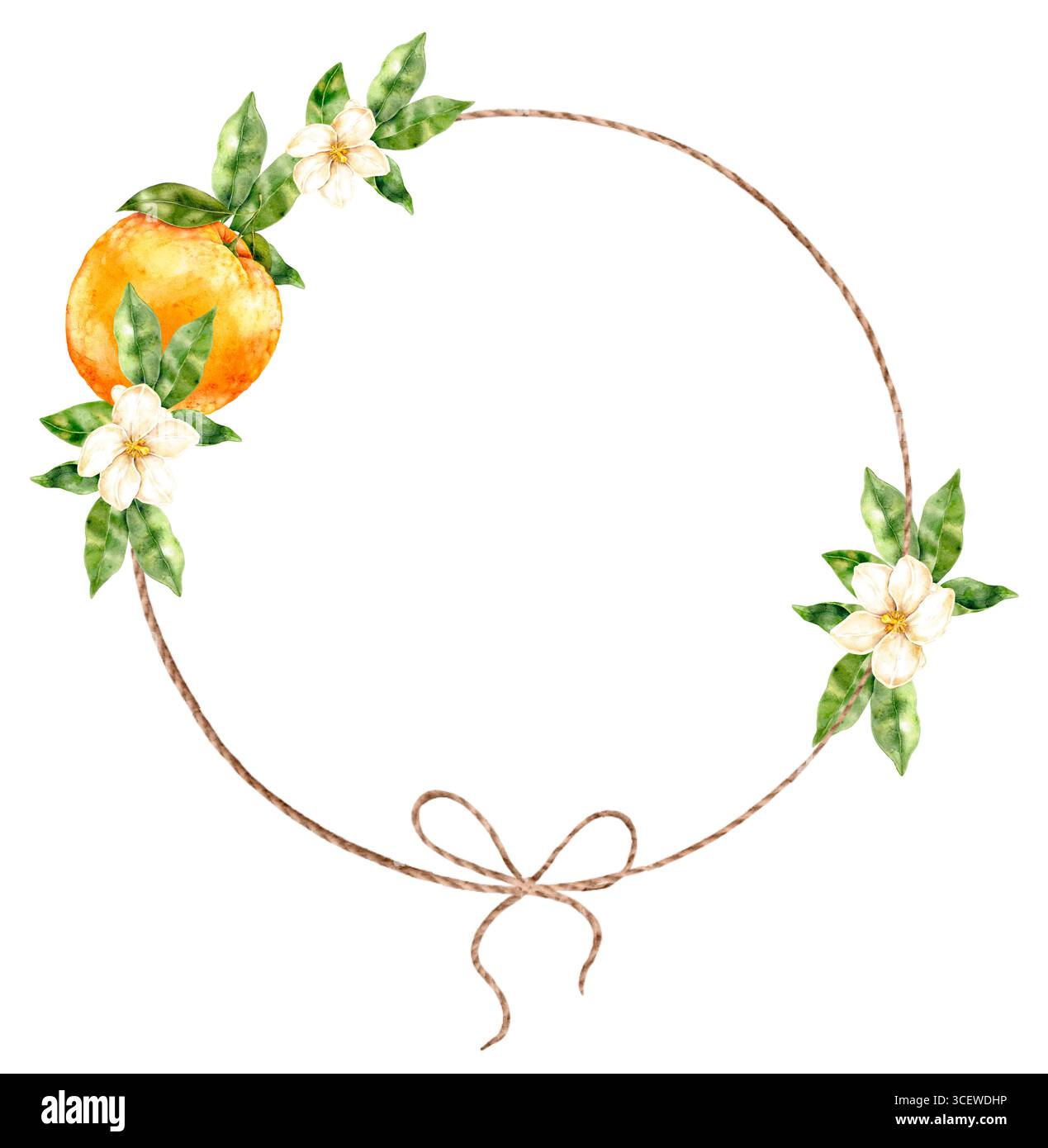 Aquarellkranz mit grünen Blättern, zarten Blüten und Schleife auf weißem Hintergrund. Dekorativer Kreis im natürlichen Boho-Stil, perfekt zum Hochziehen Stockfoto