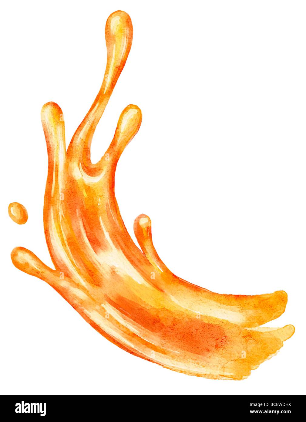 Aquarell Orangensaftspritzer isoliert auf weißem Hintergrund. Lebendiges flüssiges Element in frischem, fruchtigem Stil, perfekt für Barmenüs, Sommergetränke und Packa Stockfoto