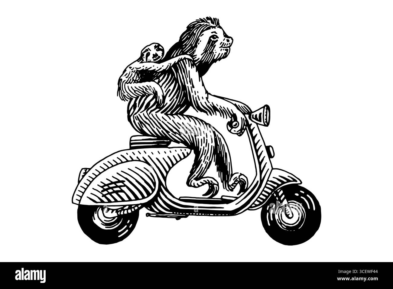 Niedlicher Sloth mit einem Baby auf einem Rollerrad, Motorrad. Tiercharakter am Fahrzeug. Modernes Konzept im Vintage-Look. Handgezeichnete Gravur im Holzschnitt Stock Vektor