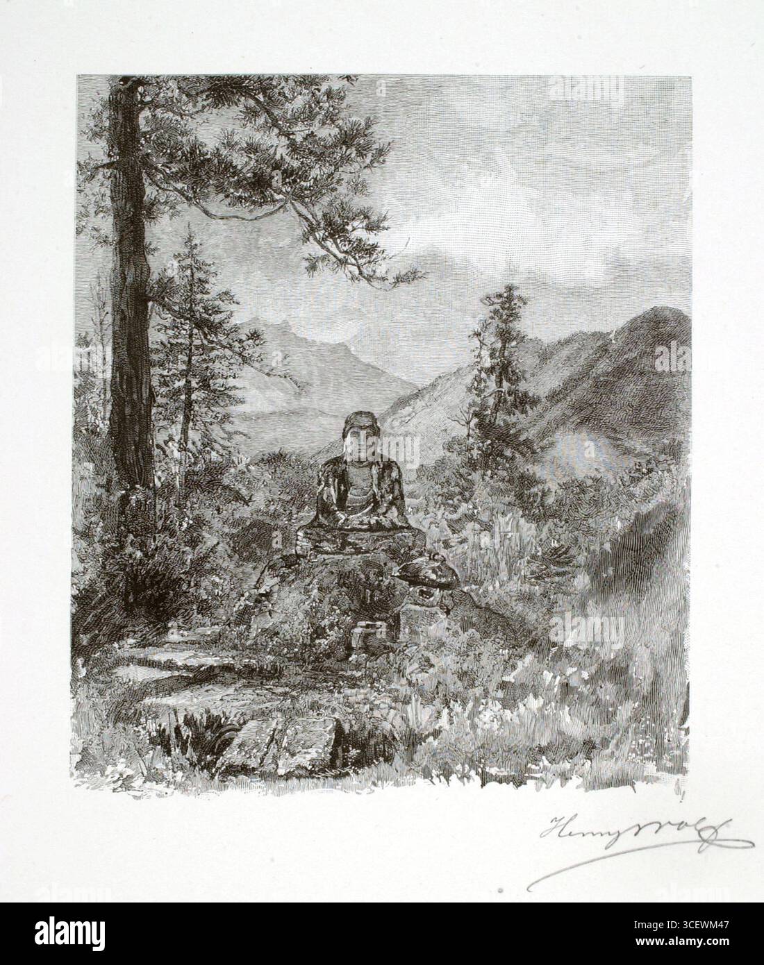 Henry Wolf, nach John La Farge, Statue of Oya Jizo, 1890, fotomechanischer Holzstich auf Papier. Dieser detailreiche Druck zeigt eine einsame Statue von Oya Jizo vor einer üppigen Berglandschaft, umgeben von hohen Bäumen und zerklüftetem Gelände. Die Gravur fängt sowohl die spirituelle Stille der buddhistischen Figur als auch die weitläufige Naturlandschaft ein und verbindet heilige Präsenz mit der Ruhe der Natur. Stockfoto