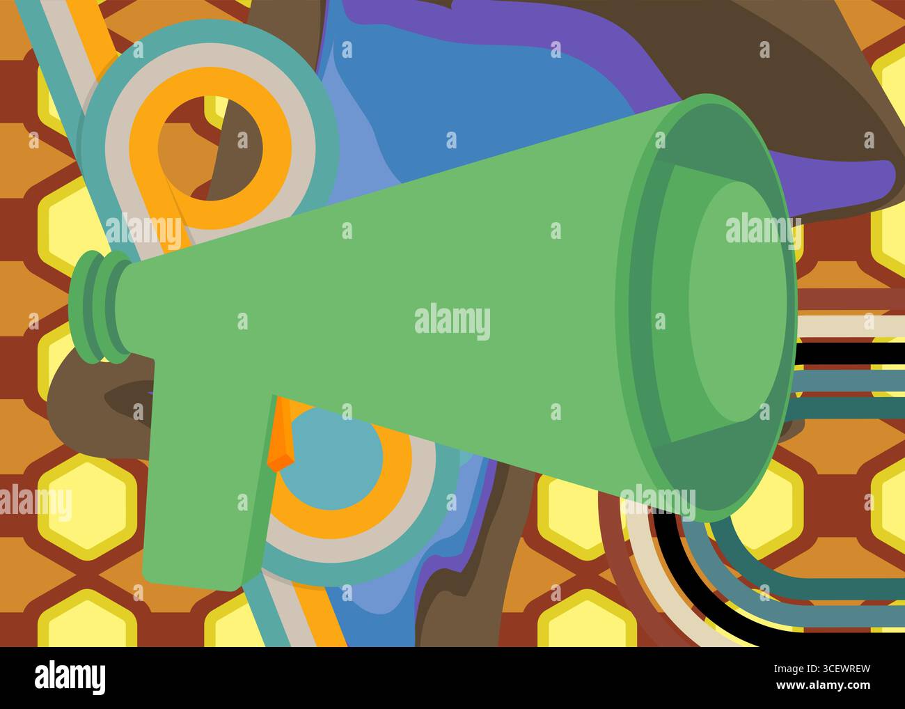 Retro 70s Hintergrund mit Megaphone. Groovy Communication 1970s Kunstvorlage. Minimalistisches Poster im Vintage-Design. Altmodische Farbvorlagen. Stock Vektor