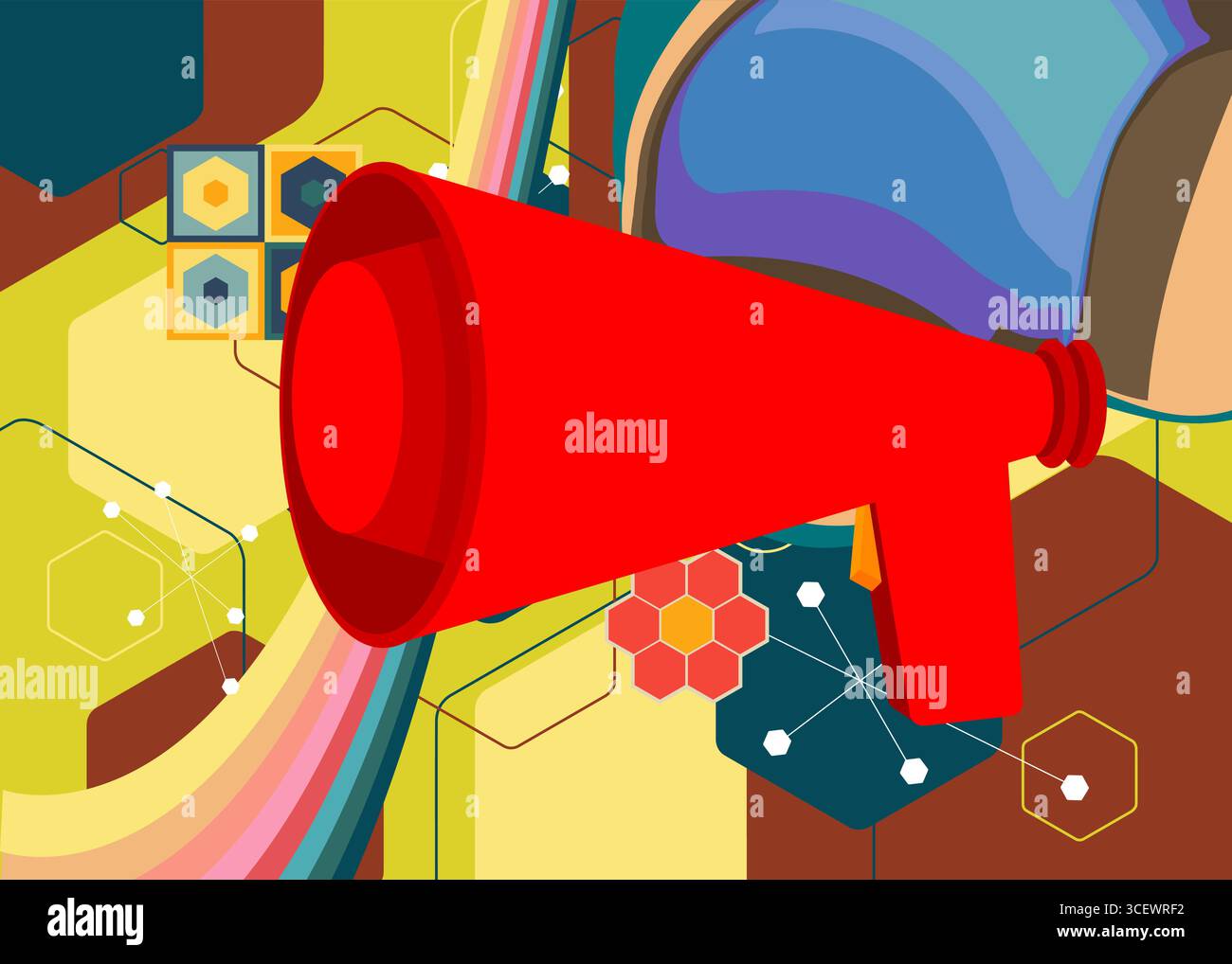 Retro 70s Hintergrund mit Megaphone. Groovy Communication 1970s Kunstvorlage. Minimalistisches Poster im Vintage-Design. Altmodische Farbvorlagen. Stock Vektor