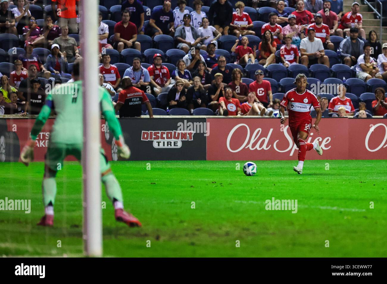 Chicago, IL, USA, 16. August 2025. Major League Soccer (MLS) Chicago Fire FC gegen St. Louis CITY im SeatGeek Stadium. Stockfoto