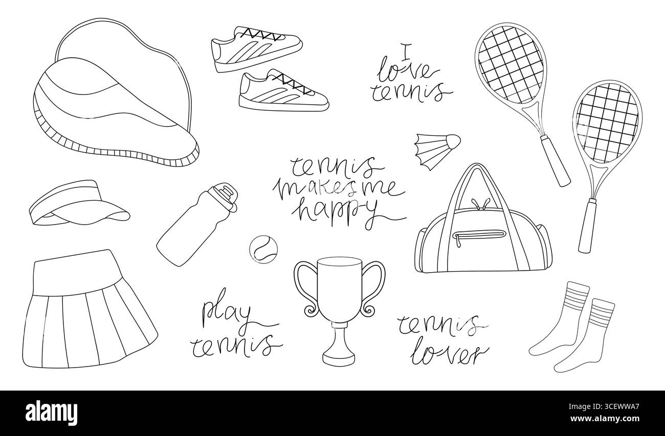 Doodle-Kollektion mit Tennismotiv und Ausrüstung und fröhlichen Phrasen Stock Vektor