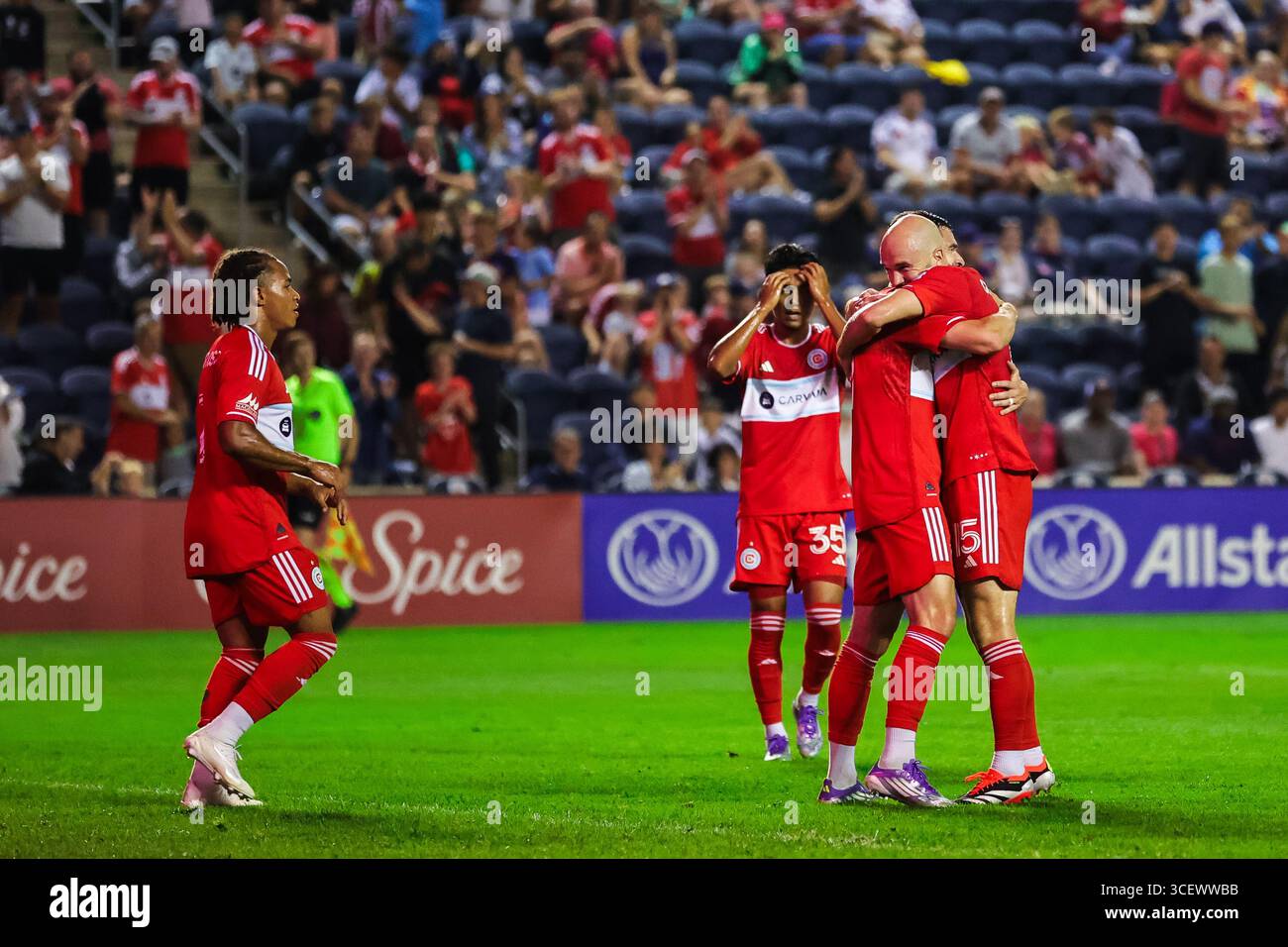 Chicago, IL, USA, 16. August 2025. Major League Soccer (MLS) Chicago Fire FC gegen St. Louis CITY im SeatGeek Stadium. Stockfoto
