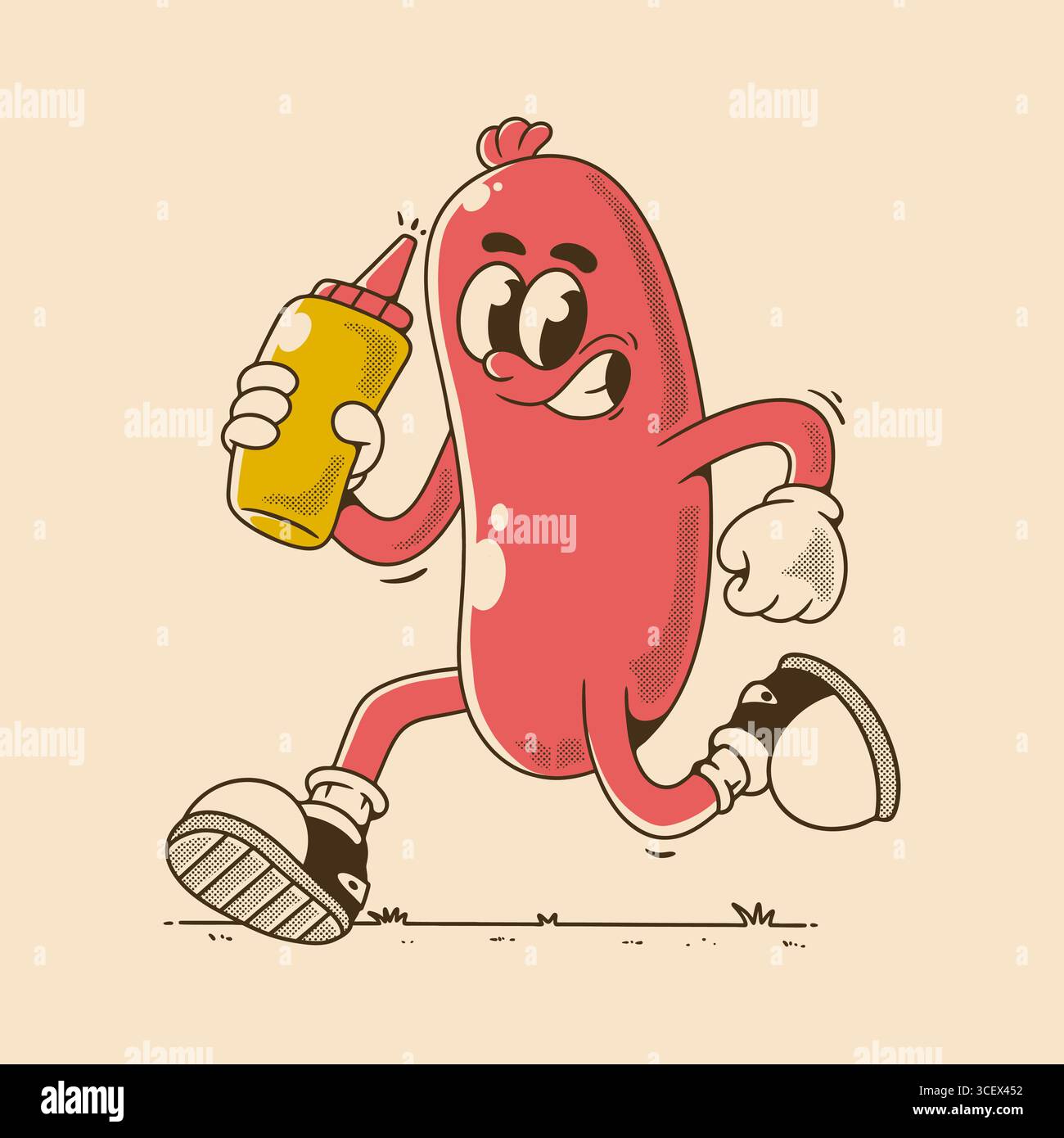 Lustiger Vintage-Wurst-Cartoon mit Senfflasche perfekt für T-Shirt, Poster oder verspieltes Essen Stock Vektor