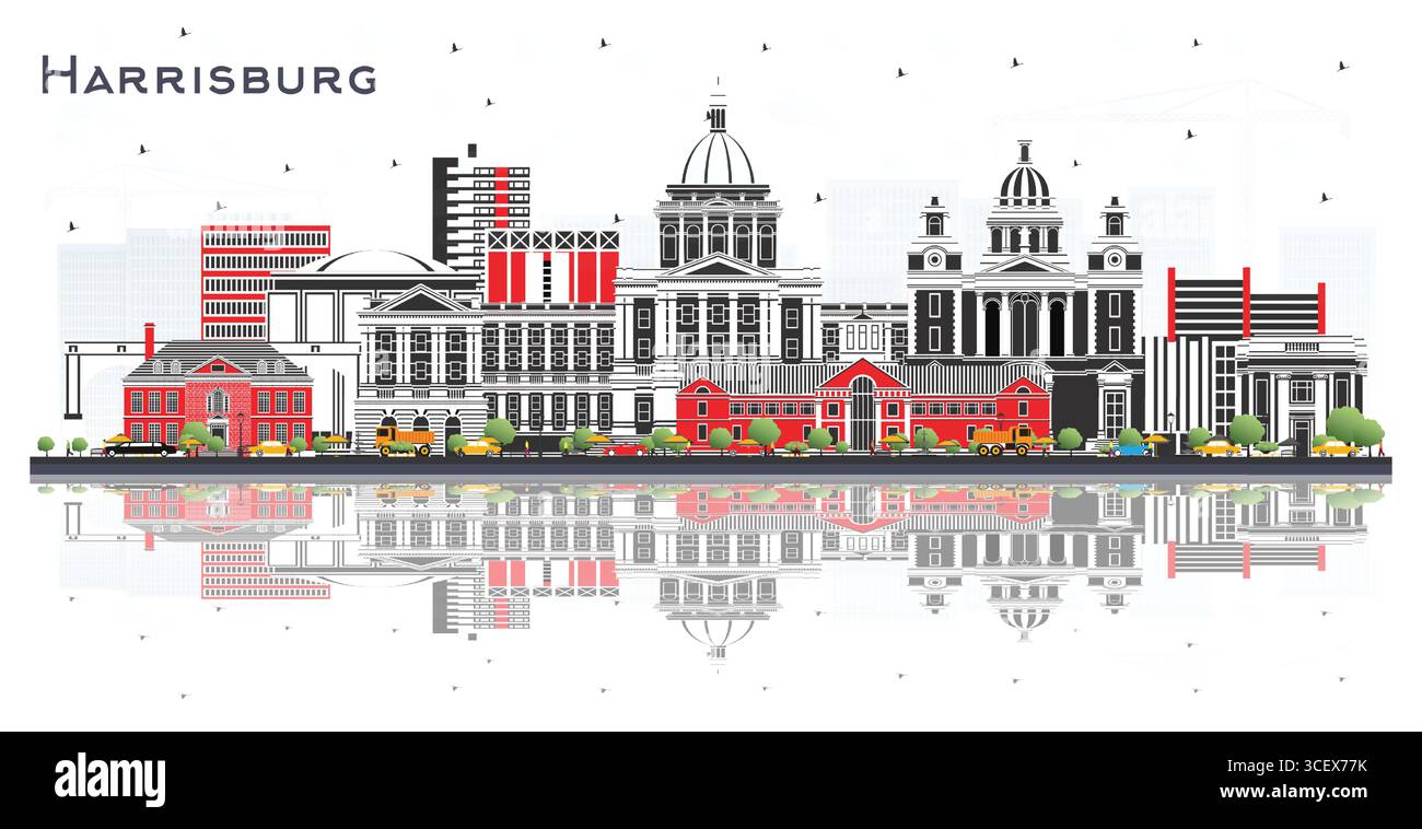 Harrisburg Pennsylvania City Skyline mit farbigen Gebäuden isoliert auf Weiß. Vektorgrafik. Harrisburg USA Stadtbild mit Wahrzeichen. Geschäfts-Tr Stock Vektor