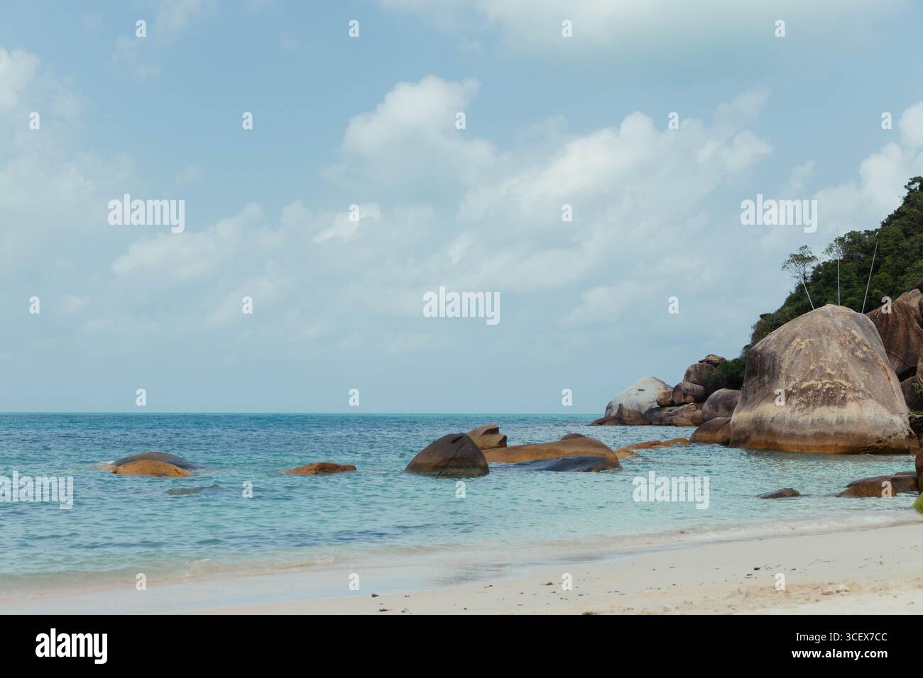 Klares türkisfarbenes Wasser schlägt sanft gegen die Sandküste, mit großen Felsen, die am Strand verstreut sind und üppiges Grün im Hintergrund unter einem Br Stockfoto