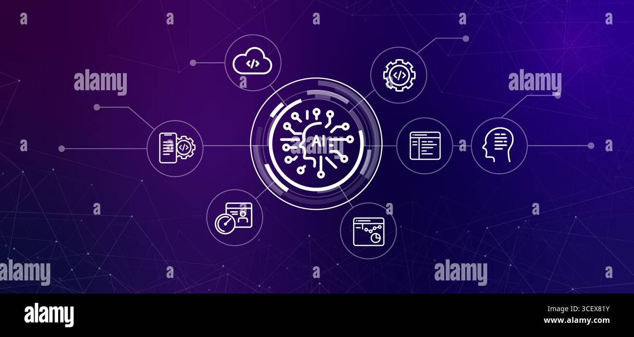 Künstliche Intelligenz in der Codierung und Softwareentwicklung Symbole, die Software-bezogene Konzepte darstellen KI-gestützte Programmierung Cloud-Entwicklung und Stock Vektor