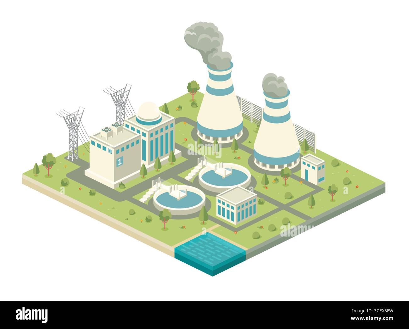 Isometrisches Kernkraftwerk mit Reaktorgebäude, Dampfkühltürmen, Stromleitungen, Wasseraufbereitungspools und umliegenden Landschaftsgärten Stock Vektor