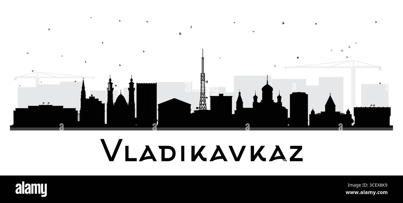 Wladikawkaz Russland Skyline Silhouette mit schwarzen Gebäuden isoliert auf weiß. Vektorabbildung. Wladikawkaz Stadtbild mit Wahrzeichen. Reise A Stock Vektor