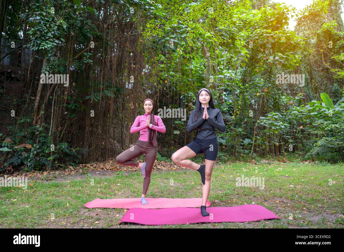 Indonesische südostasiatische Frauen im sportlichen Outfit üben Yoga auf einer Fitnessmatte in einem öffentlichen Park im Freien. Konzept eines gesunden aktiven Lebensstils Stockfoto