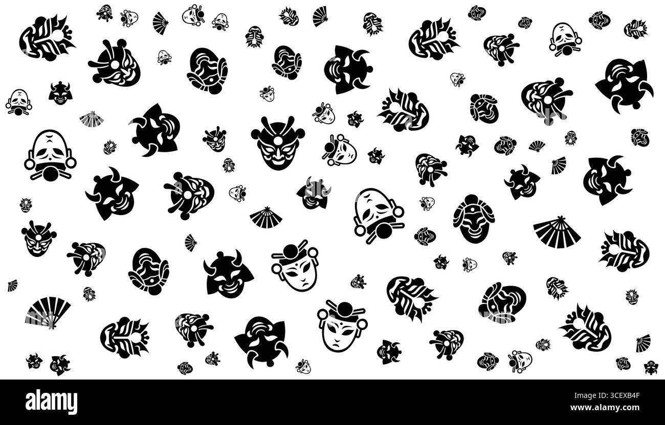 Japanische Maske Silhouette Muster Vektor in weiß und schwarz auf weißem Hintergrund Stock Vektor