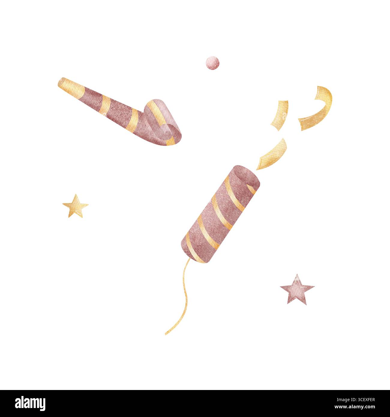 Aquarellillustration explodierender Partypopper, Konfetti, Pfeife. Bild gelb lila Farbe im Kinderstil isoliert vom Hintergrund für Stockfoto