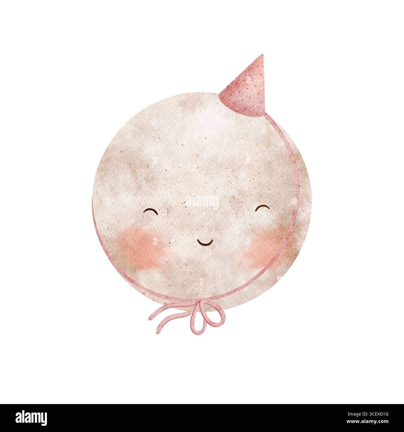 Aquarellillustration Mond in Partymütze, lächelnd. Bild Monat Hand gezeichnet in kindlichem Stil isoliert vom Hintergrund für Design von halloween Stockfoto