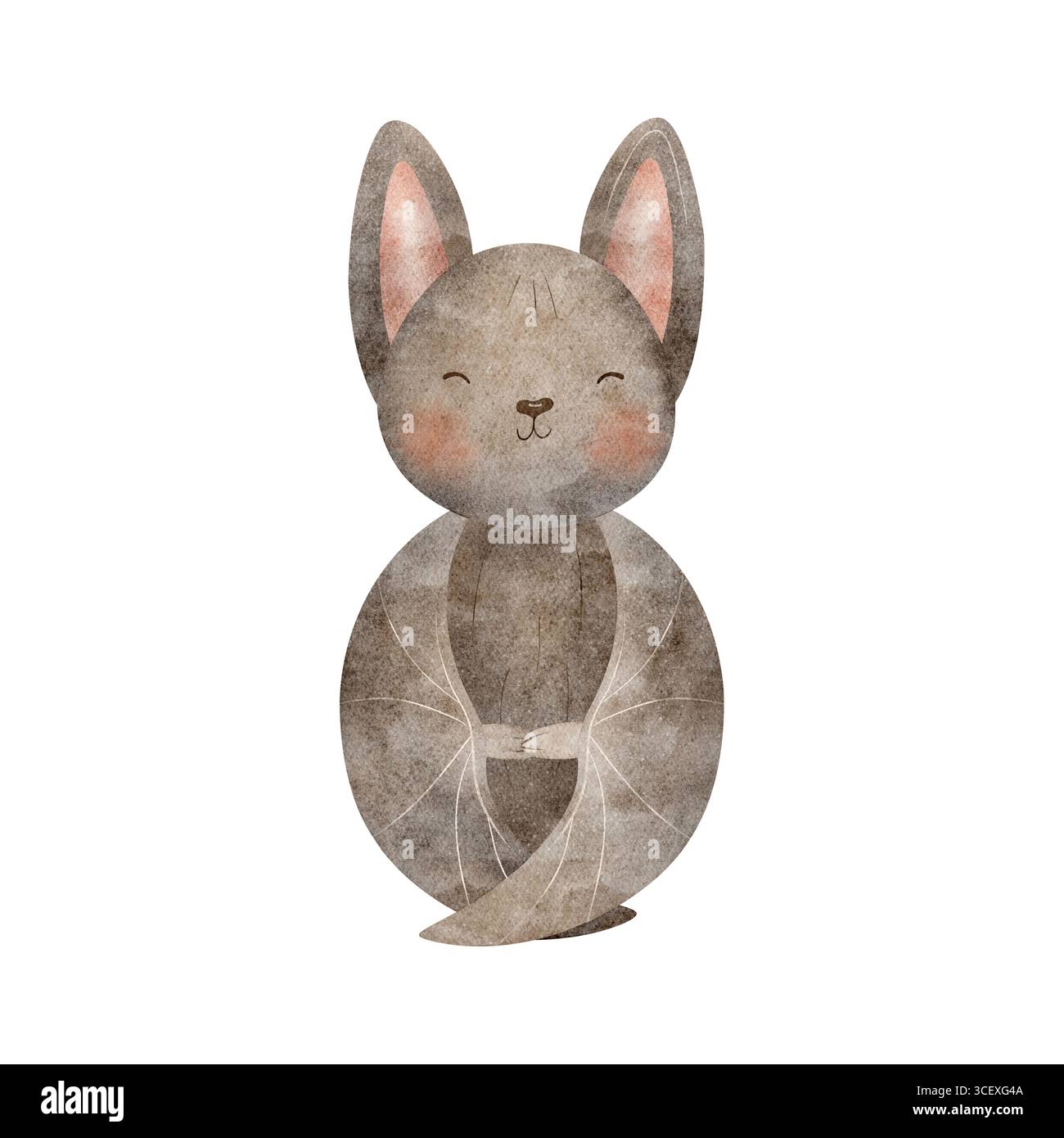 Fledermaus klappte Flügel. Aquarellillustration der schlafenden Maus im Kinderstil, Tierhand auf isoliertem Hintergrund für Design-Postkartenplakat gezeichnet Stockfoto