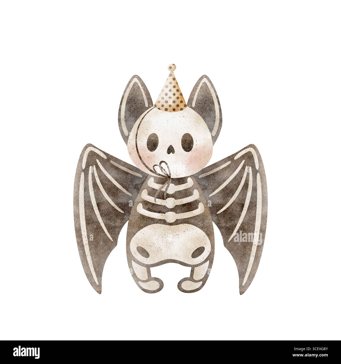 Aquarellillustration halloween Skelett Fledermaus in Partyhut. Knochen Tiermaus Schädelcharakter Hand im kindlichen Stil auf isoliertem Hintergrund gezeichnet Stockfoto
