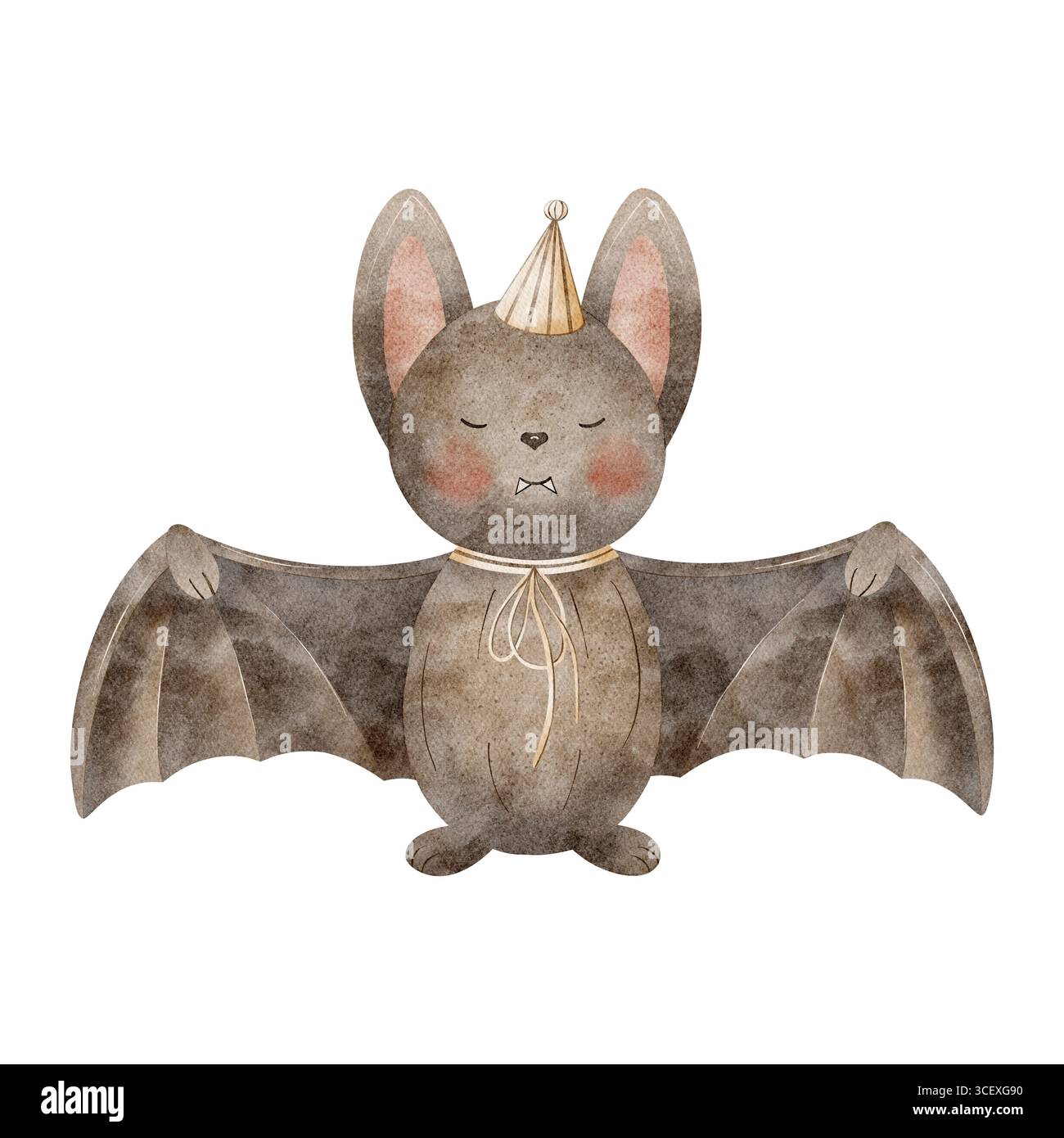Aquarellillustration Halloween Fledermaus in Partyhut. Niedliche Tierfigur, Maus gespreizte Flügel Hand gezeichnet in kindlicher Art auf isoliertem Hintergrund für Stockfoto