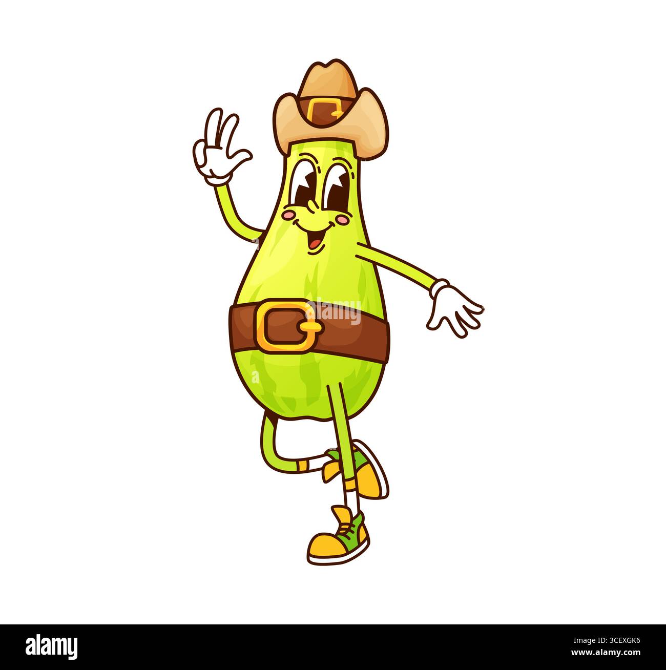 Comic Squash groovige Cowboy- und Banditenvegetarie, lustiger Sheriff, Räuber, Ranger. Vector Zucchini Veggie y2k Personage tragen Hut und Stiefel. Isolierte Fantasy gesunde Lebensmittel Retro Western Rancher Stock Vektor