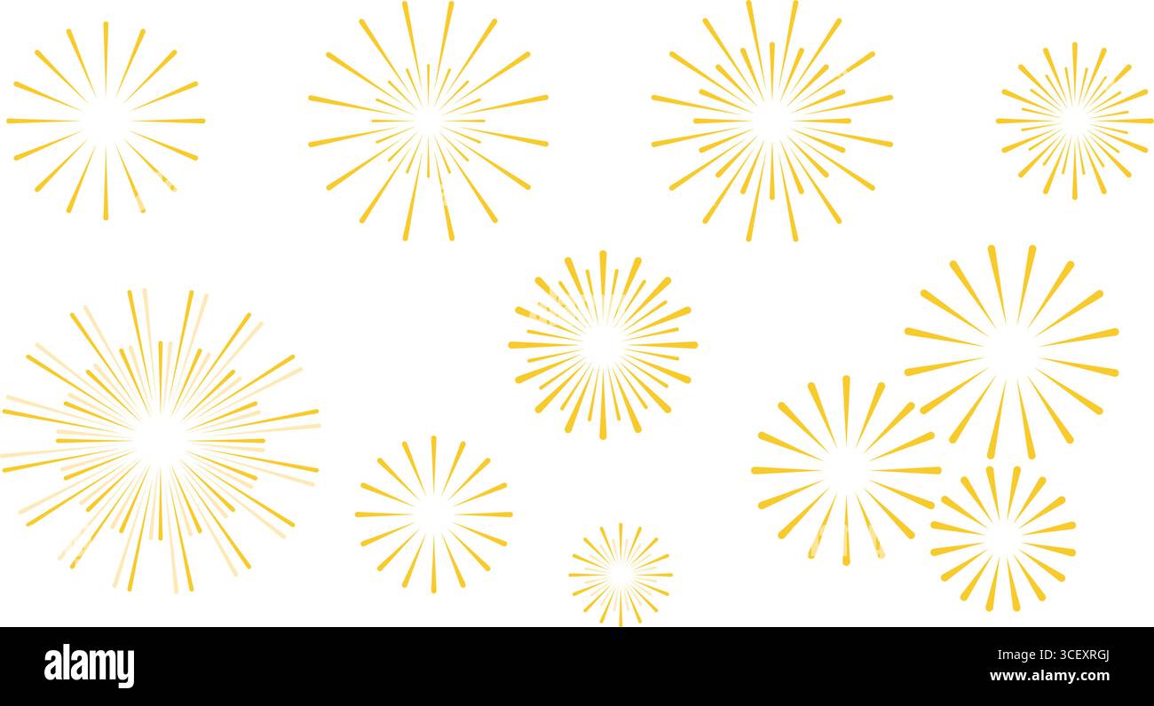 Eine Reihe von Feuerwerkexplosionen. Festlicher goldener Gruß für Neujahr, Geburtstag, Unabhängigkeitstag. Weihnachtsclips, Vektorelemente Stock Vektor