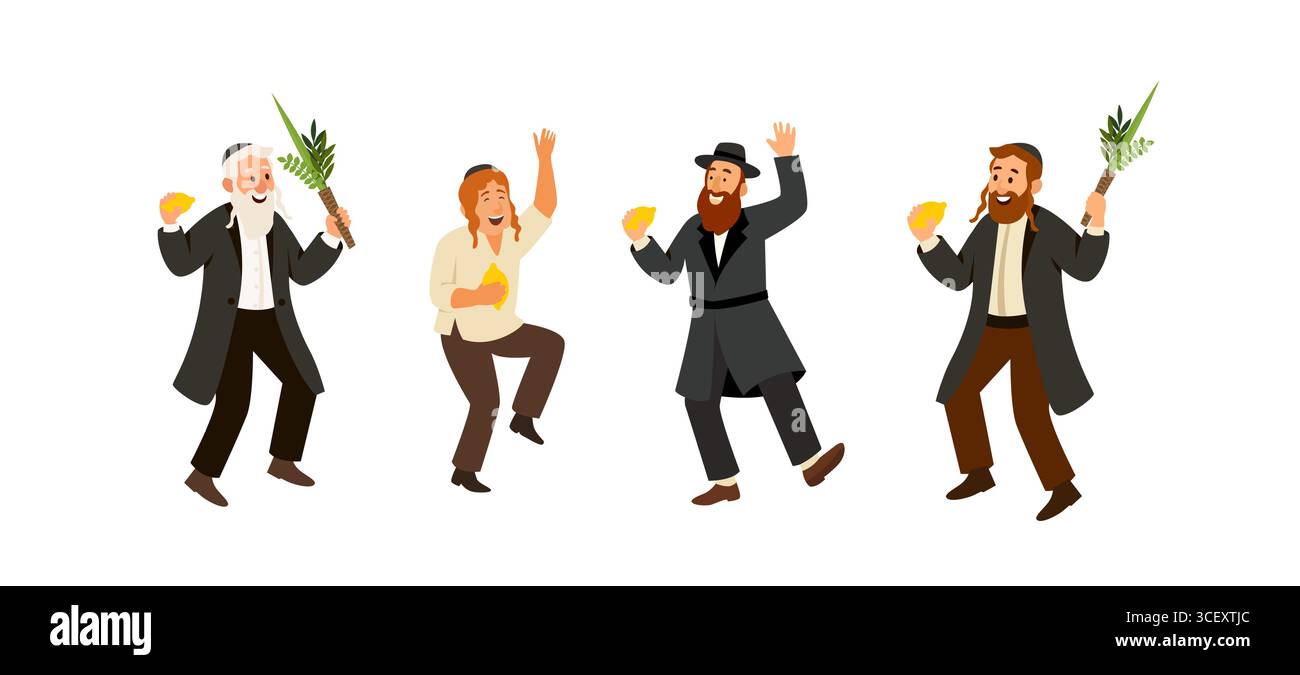 Jüdische Leute tanzen chassidischen Tanz, um Sukkot und Simchat Beit HaShoeivah orthodoxe jüdische Feiertage zu feiern. Menschen, die in traditionellem jüdischem Stil gekleidet sind Stock Vektor