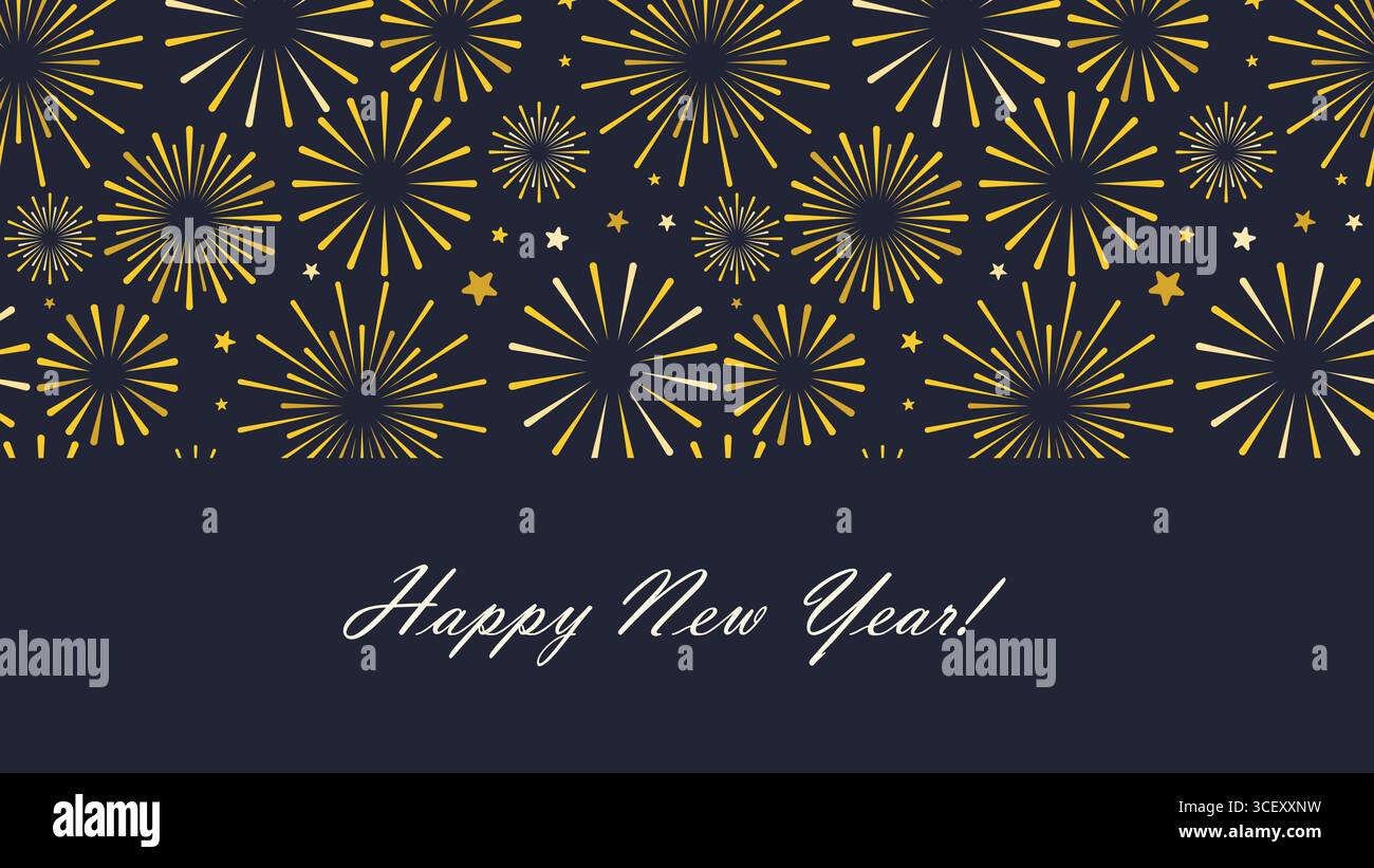 Grußbanner für ein frohes neues Jahr. Dunkler Nachthintergrund mit Feuerwerk-Explosionen und Begrüßungstext. Horizontale festliche Vorlage, Vektorgrafik Stock Vektor