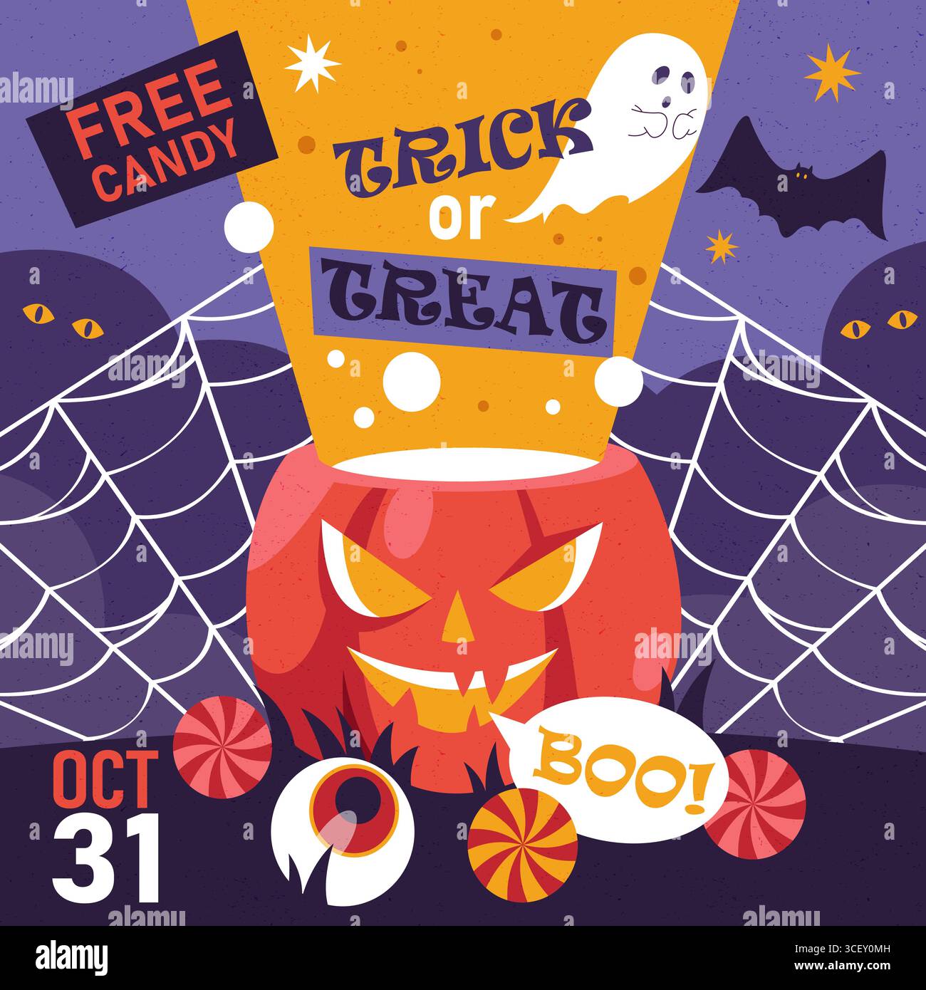 Vektor Halloween Party Banner. Horror-Urlaubsposter. Gruselige Einladungs- oder Grußkarte für saisonale Festtage. Herbst-Flyer mit Geist und Kürbis, Trick or Treat oder Süßigkeiten, Süßwaren. Stock Vektor