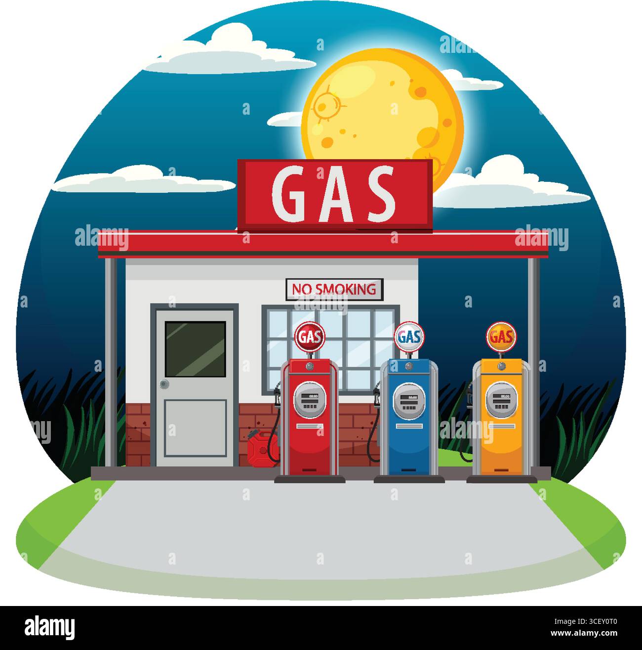 Vektor-Illustration einer alten Tankstelle bei Vollmond, mit drei bunten Kraftstoffpumpen, auffälligen Schildern und nächtlichen Himmelselementen Stock Vektor