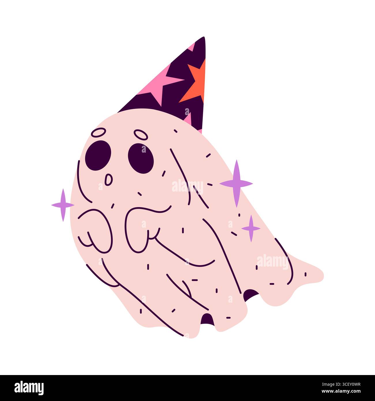 Fliegender Halloween-Geist oder Herbstphantom in Partyhut. Vektor-Gruselkostüm für Herbstferien oder Oktoberfeiern. Specter Robe, wraith-Mantel, seelenfurchterregende Verkleidung für saisonale Feierlichkeiten Stock Vektor