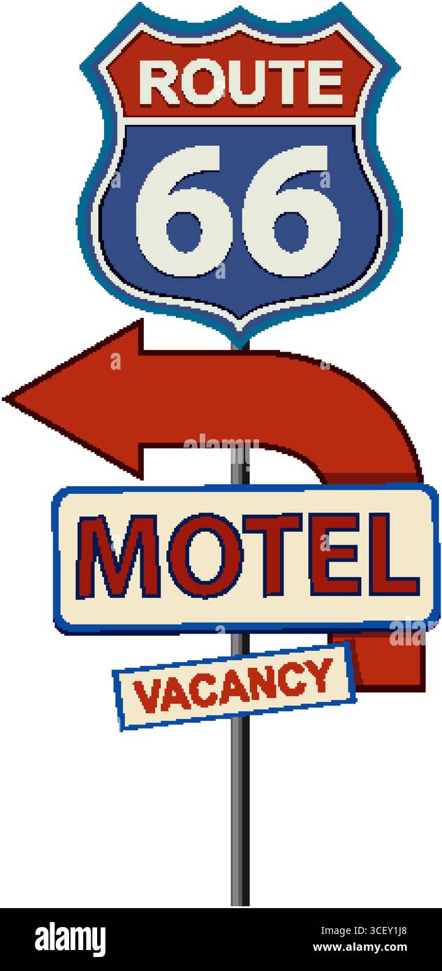 Vektor-Illustration eines klassischen Route 66 Motelschildes mit auffälligen Farben und Vintage-Designelementen Stock Vektor