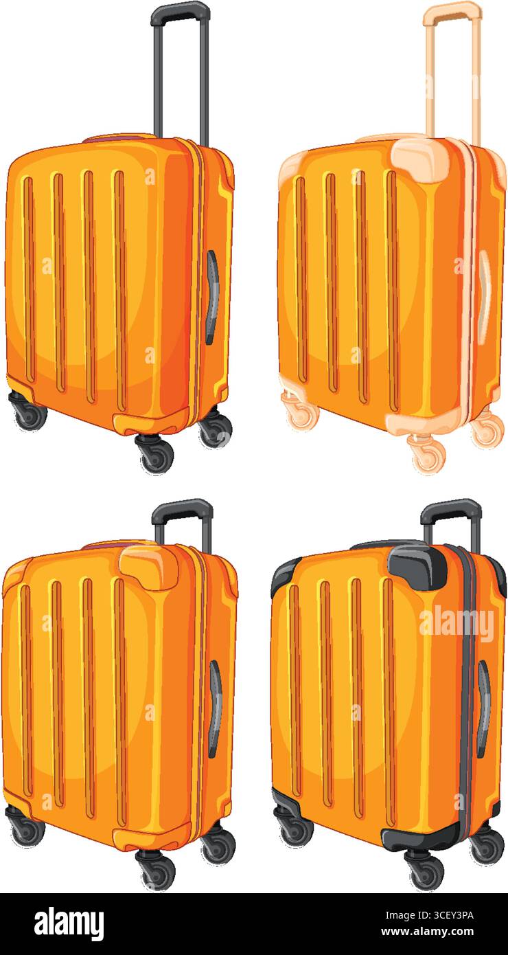 Vier orangefarbene Hartschalenkoffer mit Teleskopgriffen und Rädern, in einem klaren Vektorstil mit dezenten Schattierungen und Highlights dargestellt Stock Vektor