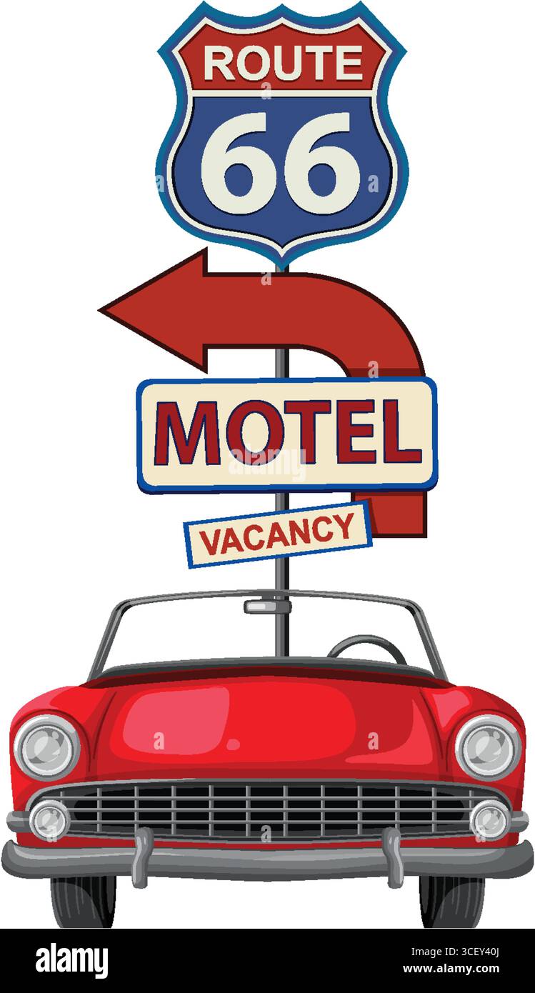 Vektor-Illustration eines Route 66 Motelschildes und roten Oldtimer. Auffällige Farben und Retro-Stil sorgen für Nostalgie und Abenteuer Stock Vektor