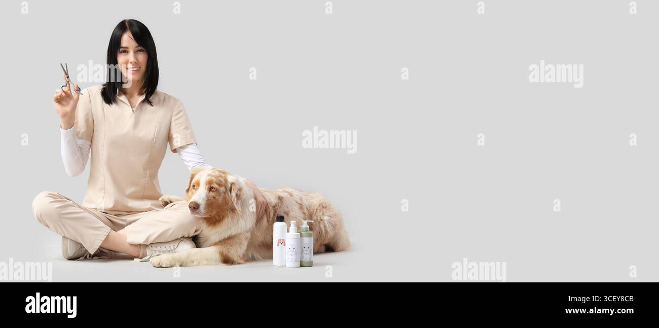 Weiblicher Groomer und Hund auf hellem Hintergrund mit Platz für Text Stockfoto