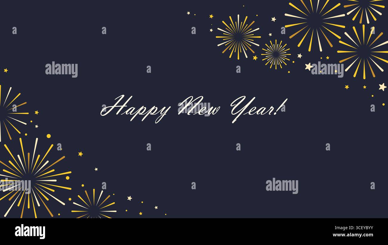 Banner mit Neujahrsgrüßen. Dunkler festlicher Hintergrund mit Feuerwerk und Glückwunschtext. Horizontale festliche Vorlage, Vektorgrafiken. Stock Vektor