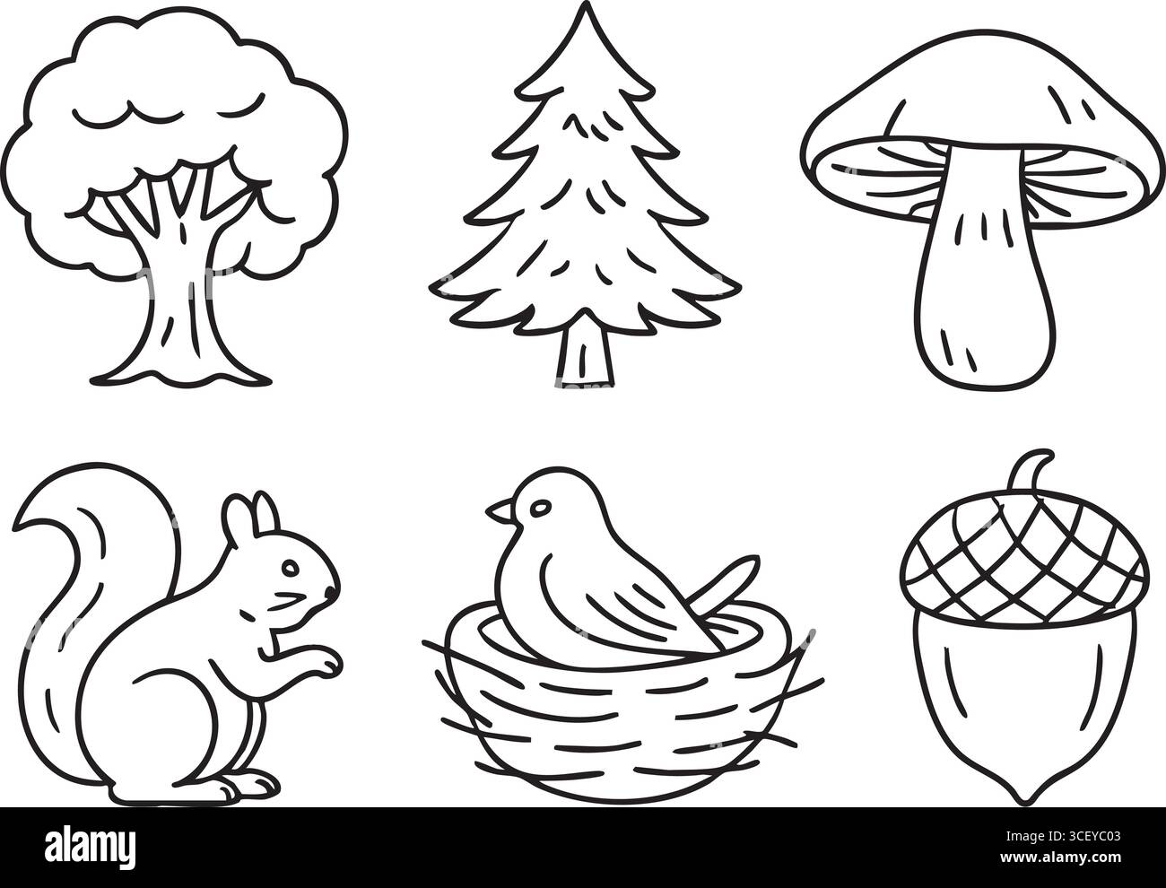 Die einfache Natur umreißt weiß, darunter ein Laubbaum, eine Kiefer, ein Pilz, ein Eichhörnchen, ein Vogel mit einem Nest aus Eiern und einer Eichel. Stock Vektor