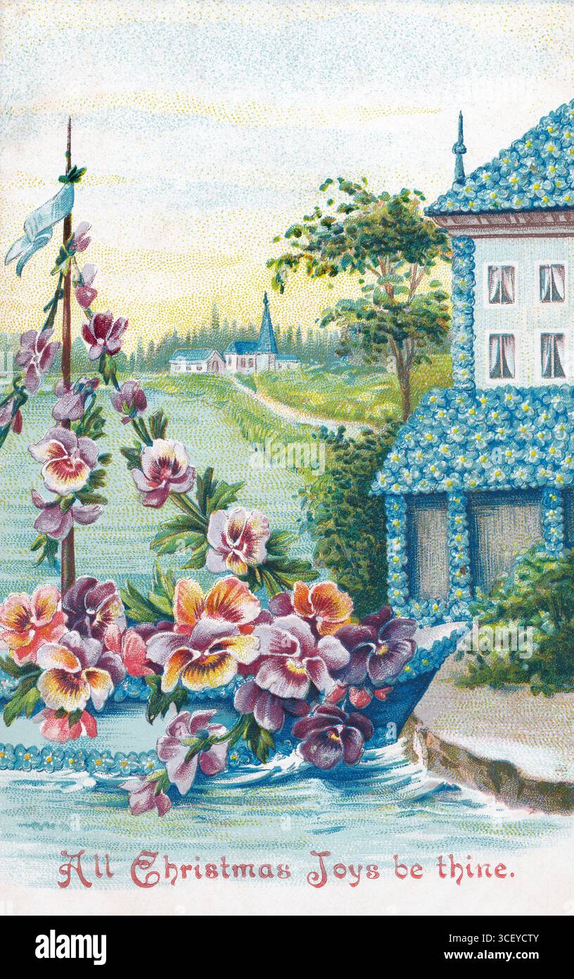 Alte chromolithographische und geprägte Weihnachtspostkarte aus der edwardianischen Zeit, die ein blumiges Boot zeigt, das vor einem Haus von Vergissmeinnnots anlegt. Stockfoto