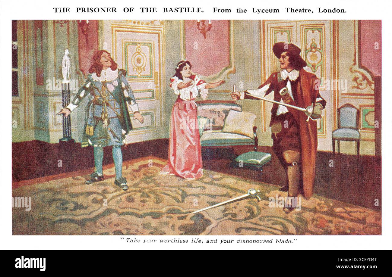 Vintage-Postkarte aus der edwardianischen Ära mit einer Szene aus dem Stück „der Gefangene der Bastille“, das 1909 für 71 Aufführungen im Lyceum Theatre in London lief. Die Hauptrollen spielten Matheson lang und Dorothy Thomas. Stockfoto